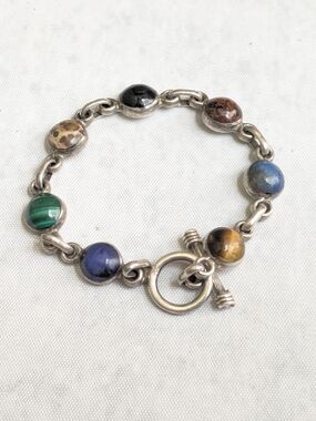 Taxco Sterling Silver Bracelet 7.25" Round Malachite Lapis Lazuli